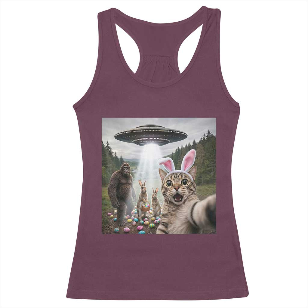 Funny Cat Selfie with Easter Bunny Bigfoot UFO Racerback Tank Top