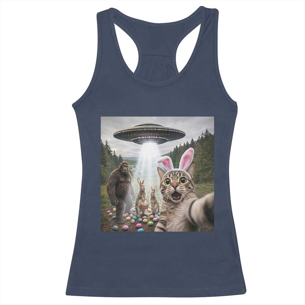 Funny Cat Selfie with Easter Bunny Bigfoot UFO Racerback Tank Top