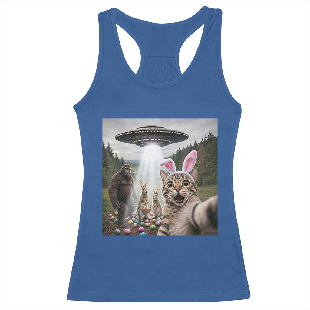 Funny Cat Selfie with Easter Bunny Bigfoot UFO Racerback Tank Top