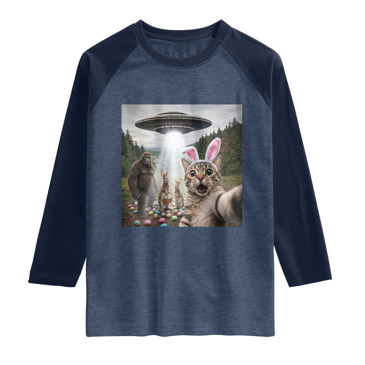 Funny Cat Selfie with Easter Bunny Bigfoot UFO Raglan Shirt