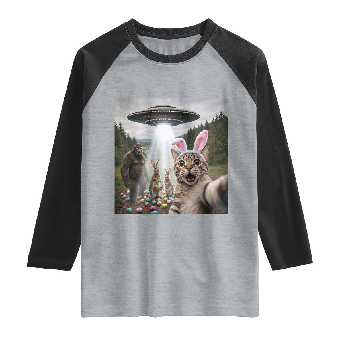 Funny Cat Selfie with Easter Bunny Bigfoot UFO Raglan Shirt