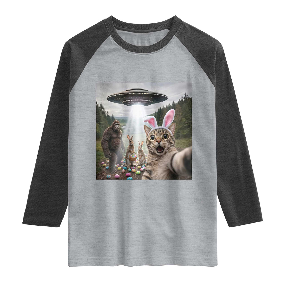 Funny Cat Selfie with Easter Bunny Bigfoot UFO Raglan Shirt