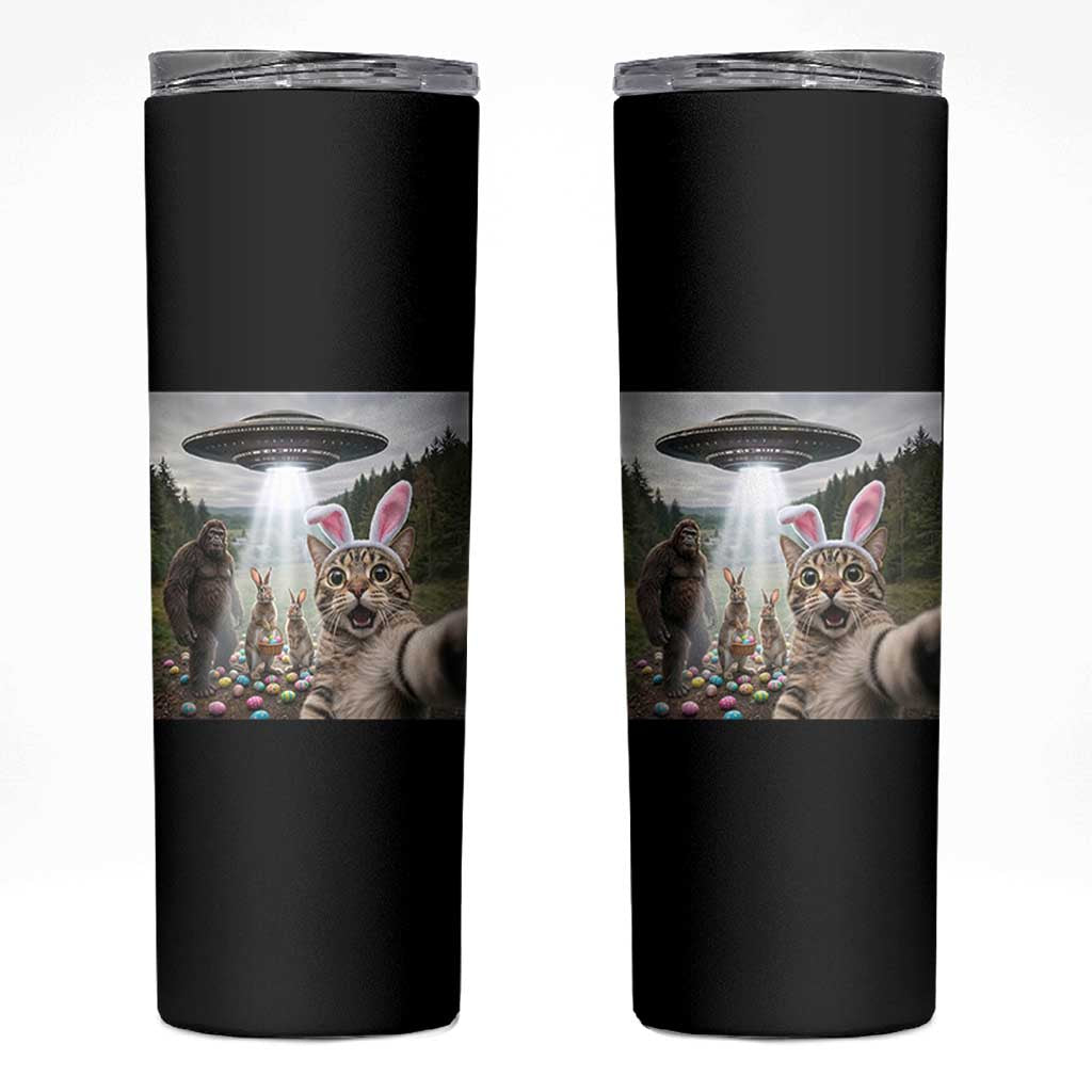 Funny Cat Selfie with Easter Bunny Bigfoot UFO Skinny Tumbler