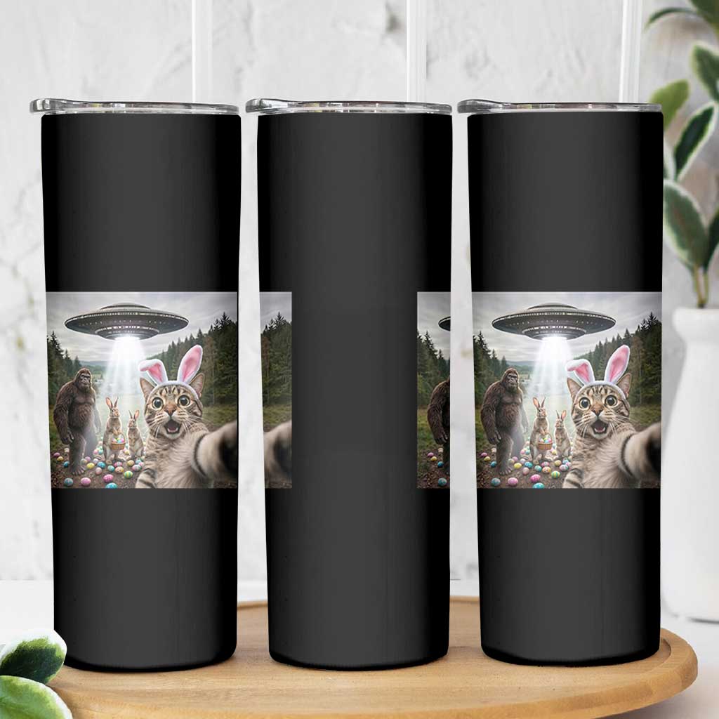 Funny Cat Selfie with Easter Bunny Bigfoot UFO Skinny Tumbler