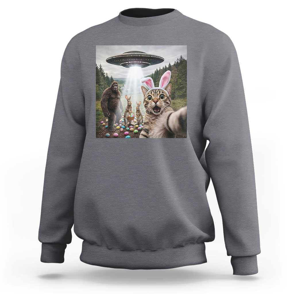 Funny Cat Selfie with Easter Bunny Bigfoot UFO Sweatshirt