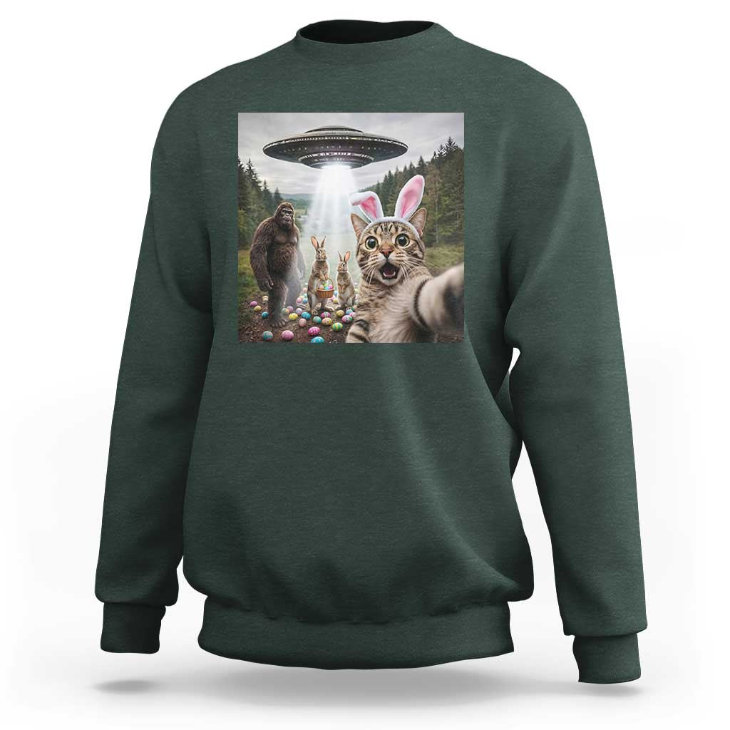 Funny Cat Selfie with Easter Bunny Bigfoot UFO Sweatshirt