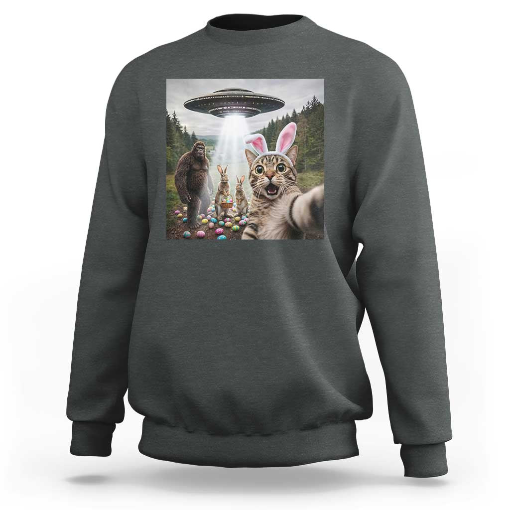 Funny Cat Selfie with Easter Bunny Bigfoot UFO Sweatshirt