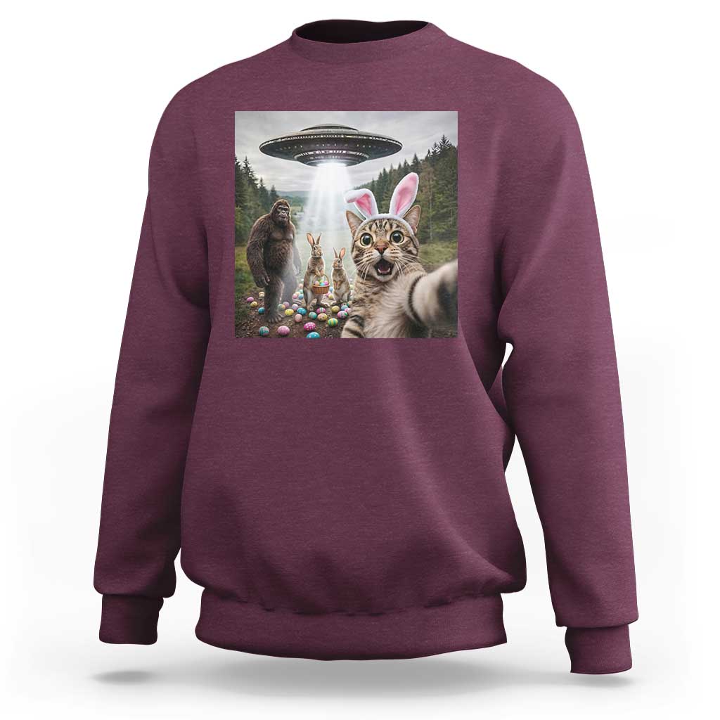 Funny Cat Selfie with Easter Bunny Bigfoot UFO Sweatshirt