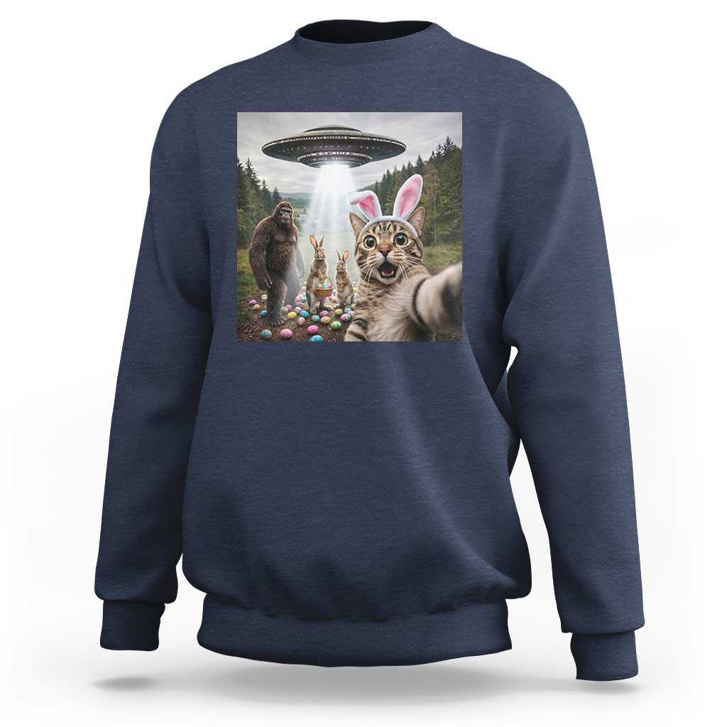 Funny Cat Selfie with Easter Bunny Bigfoot UFO Sweatshirt