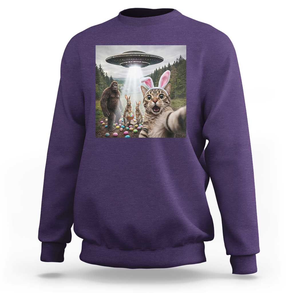 Funny Cat Selfie with Easter Bunny Bigfoot UFO Sweatshirt