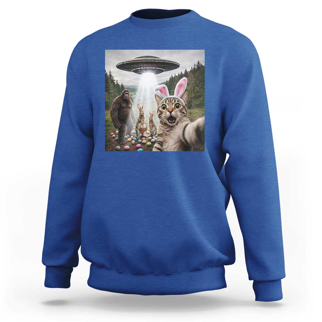 Funny Cat Selfie with Easter Bunny Bigfoot UFO Sweatshirt