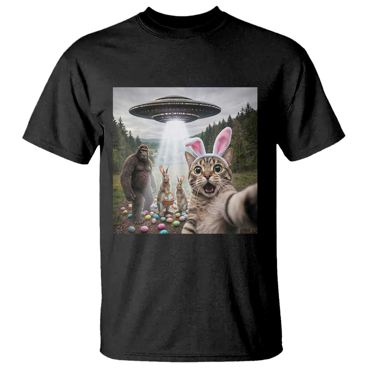 Funny Cat Selfie with Easter Bunny Bigfoot UFO T Shirt