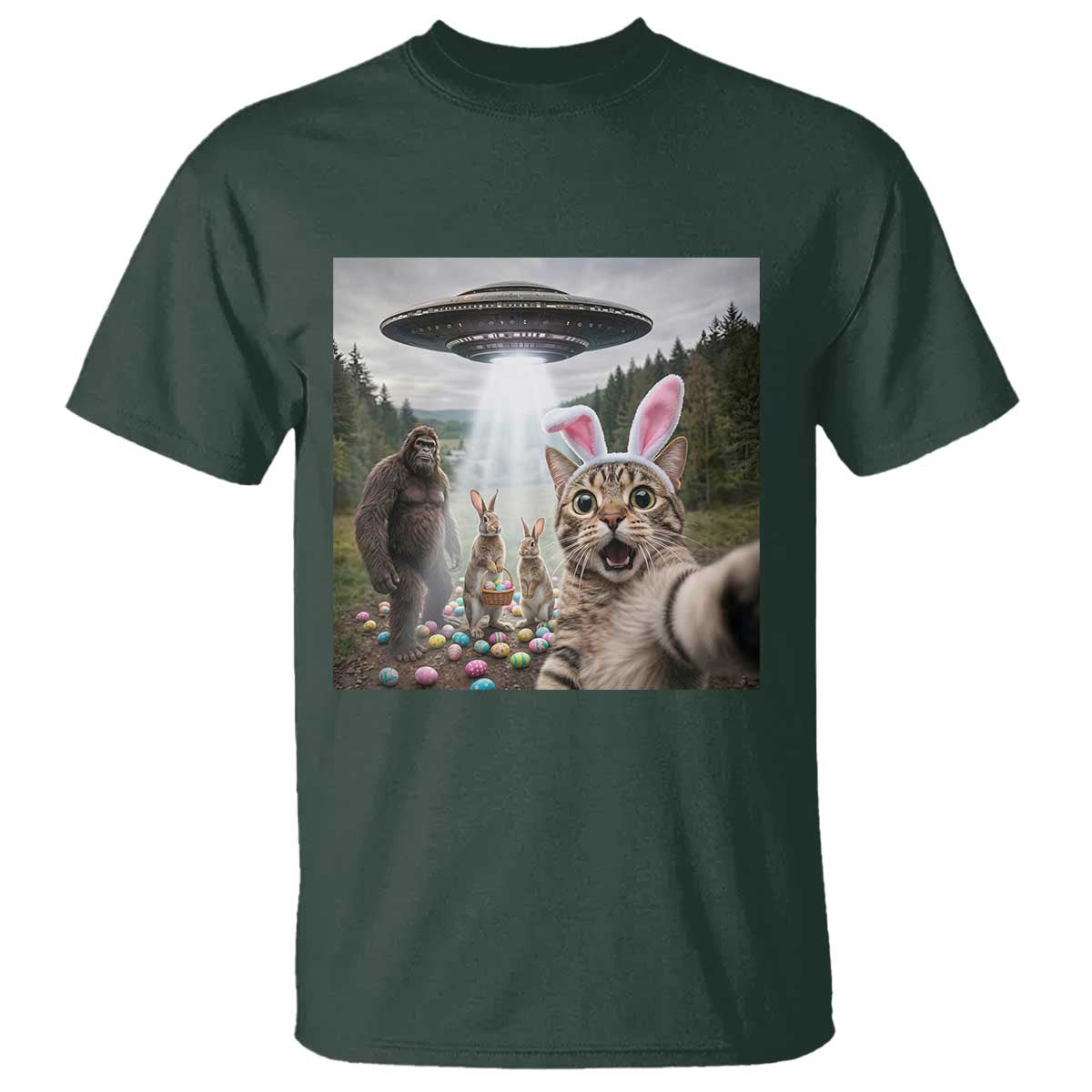 Funny Cat Selfie with Easter Bunny Bigfoot UFO T Shirt