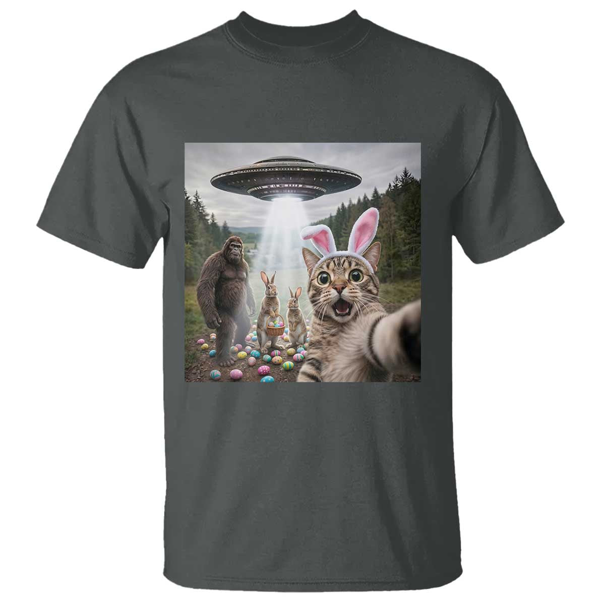 Funny Cat Selfie with Easter Bunny Bigfoot UFO T Shirt