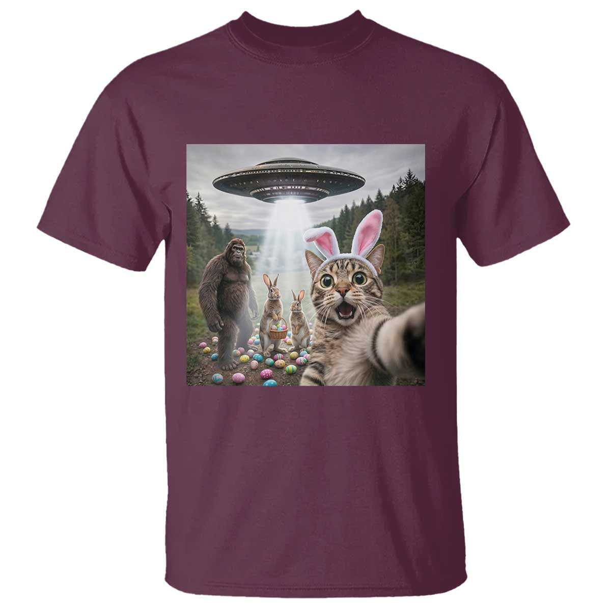 Funny Cat Selfie with Easter Bunny Bigfoot UFO T Shirt