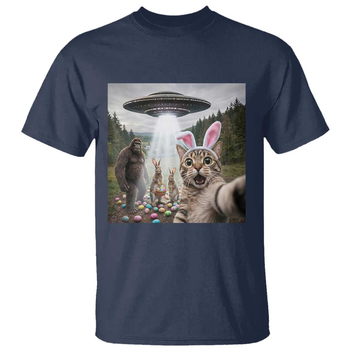 Funny Cat Selfie with Easter Bunny Bigfoot UFO T Shirt