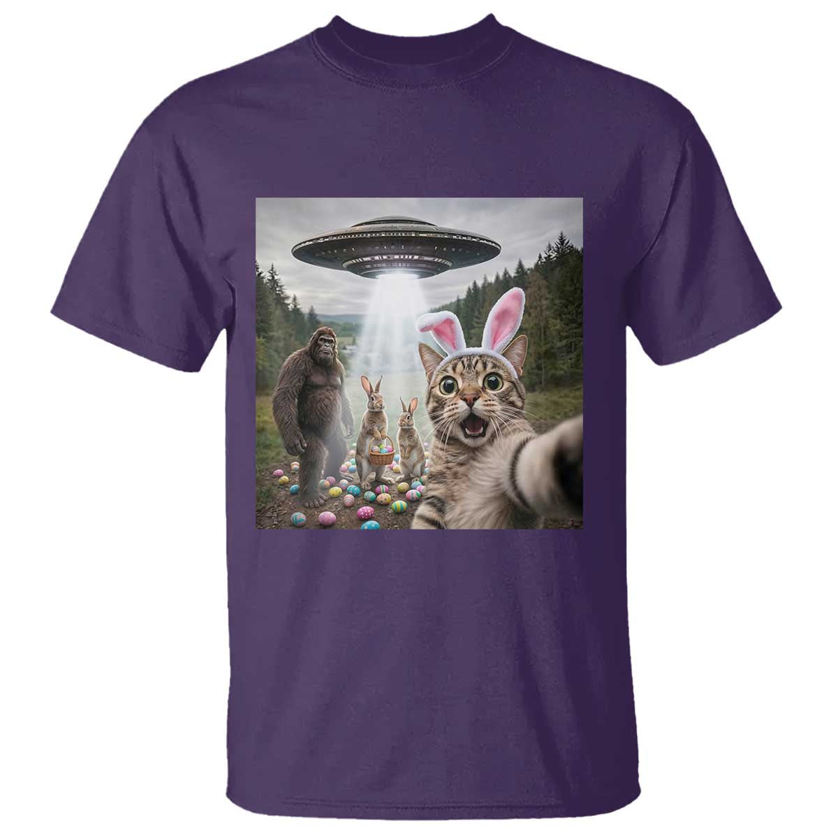Funny Cat Selfie with Easter Bunny Bigfoot UFO T Shirt