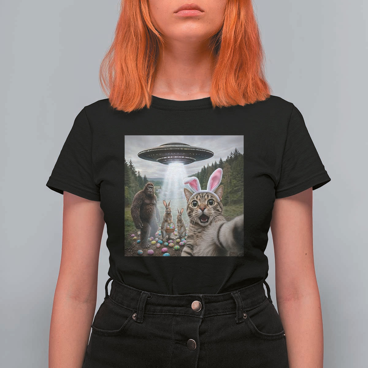 Funny Cat Selfie with Easter Bunny Bigfoot UFO T Shirt For Women