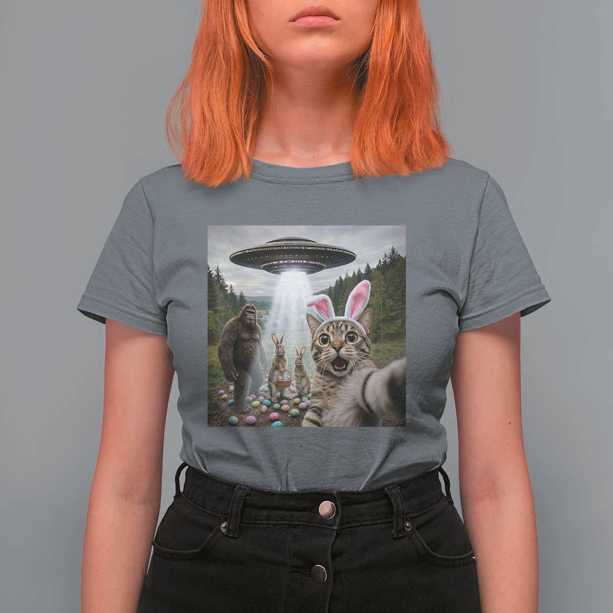 Funny Cat Selfie with Easter Bunny Bigfoot UFO T Shirt For Women