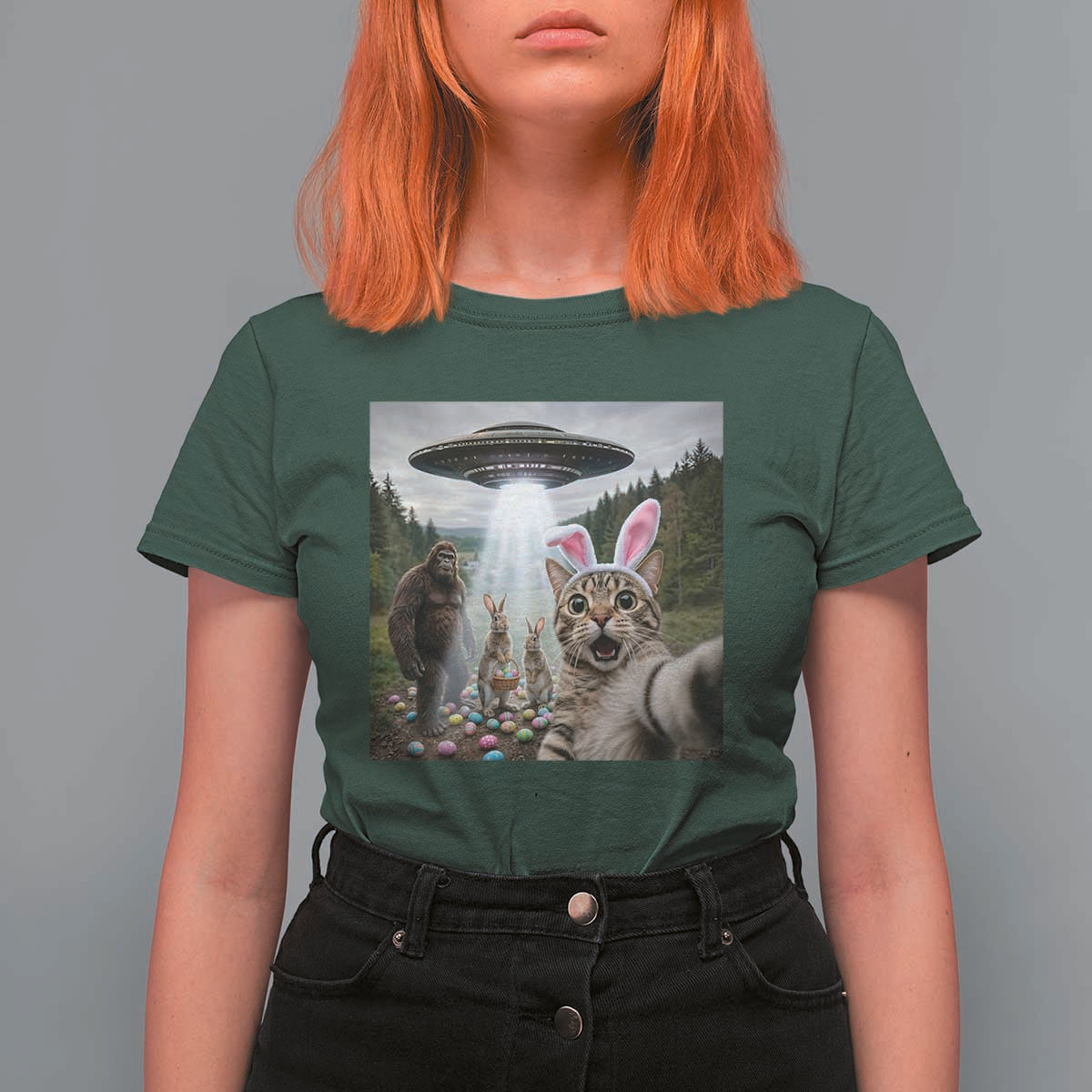 Funny Cat Selfie with Easter Bunny Bigfoot UFO T Shirt For Women
