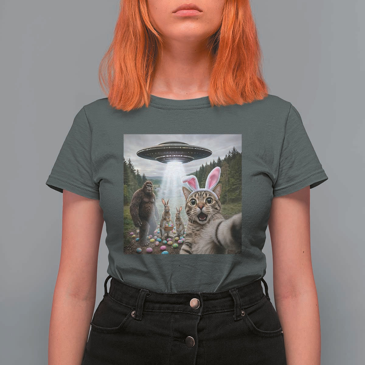 Funny Cat Selfie with Easter Bunny Bigfoot UFO T Shirt For Women