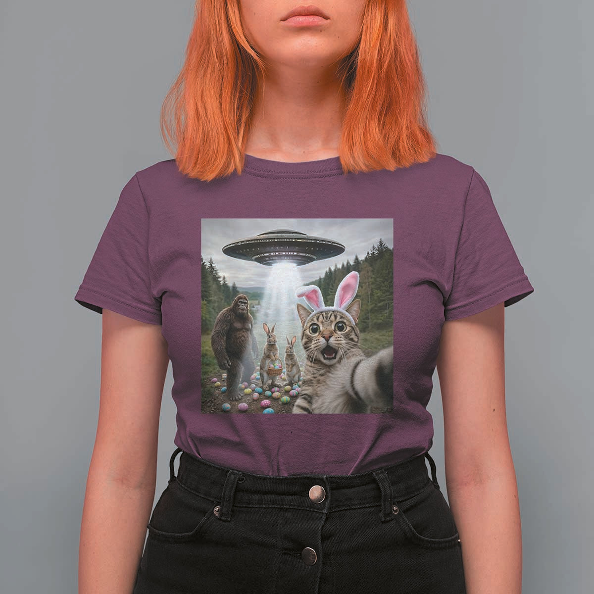 Funny Cat Selfie with Easter Bunny Bigfoot UFO T Shirt For Women