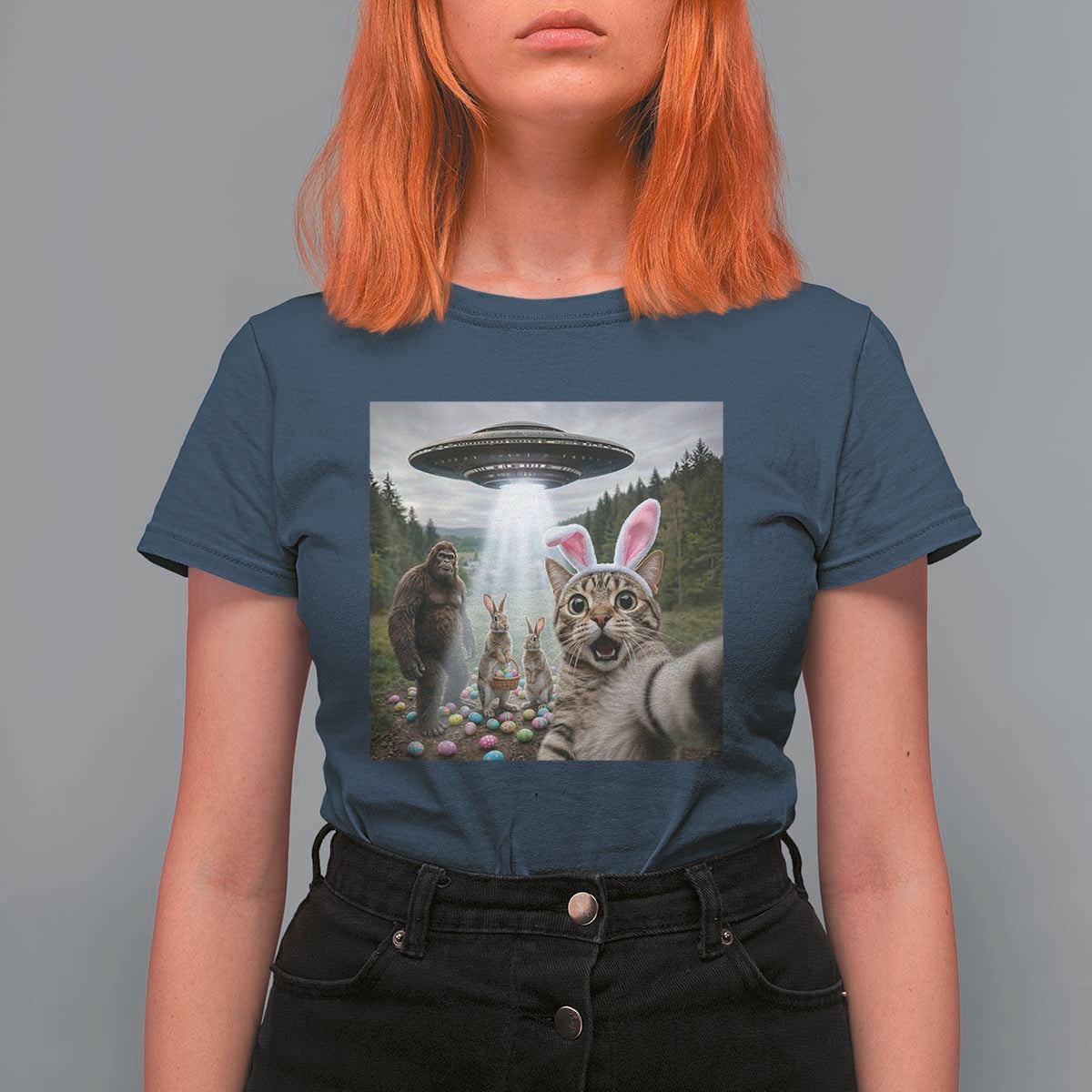 Funny Cat Selfie with Easter Bunny Bigfoot UFO T Shirt For Women
