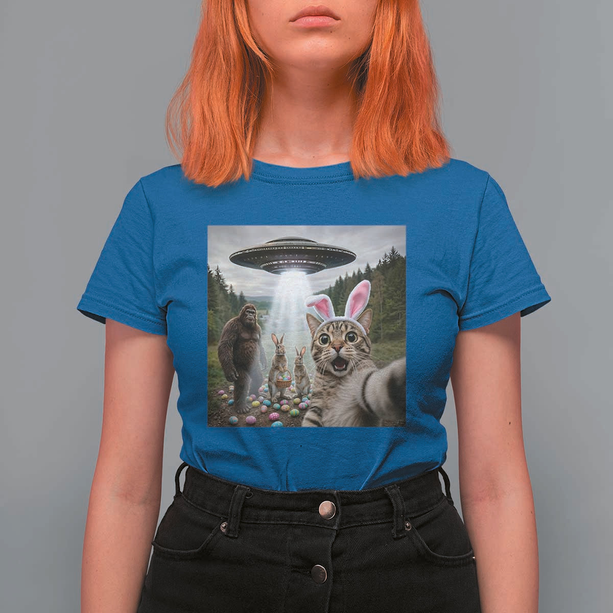 Funny Cat Selfie with Easter Bunny Bigfoot UFO T Shirt For Women