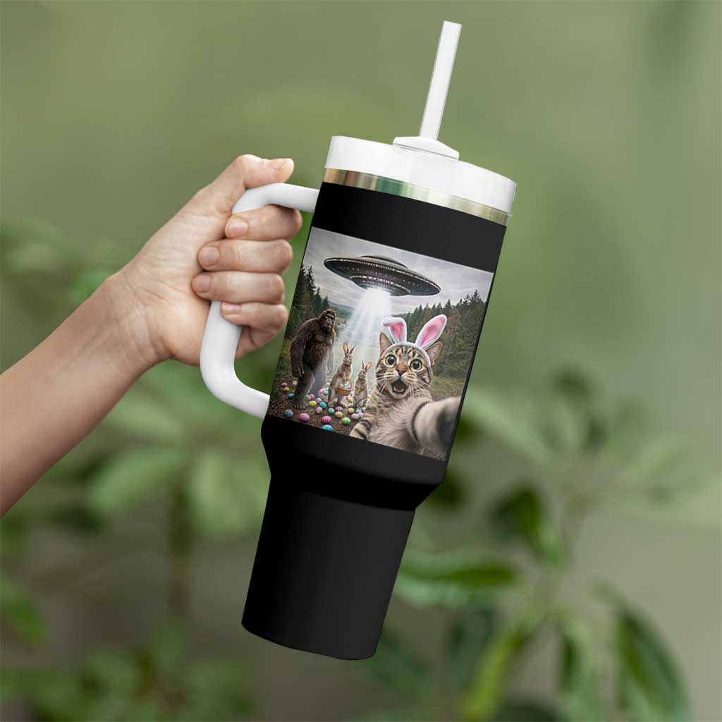 Funny Cat Selfie with Easter Bunny Bigfoot UFO Tumbler With Handle