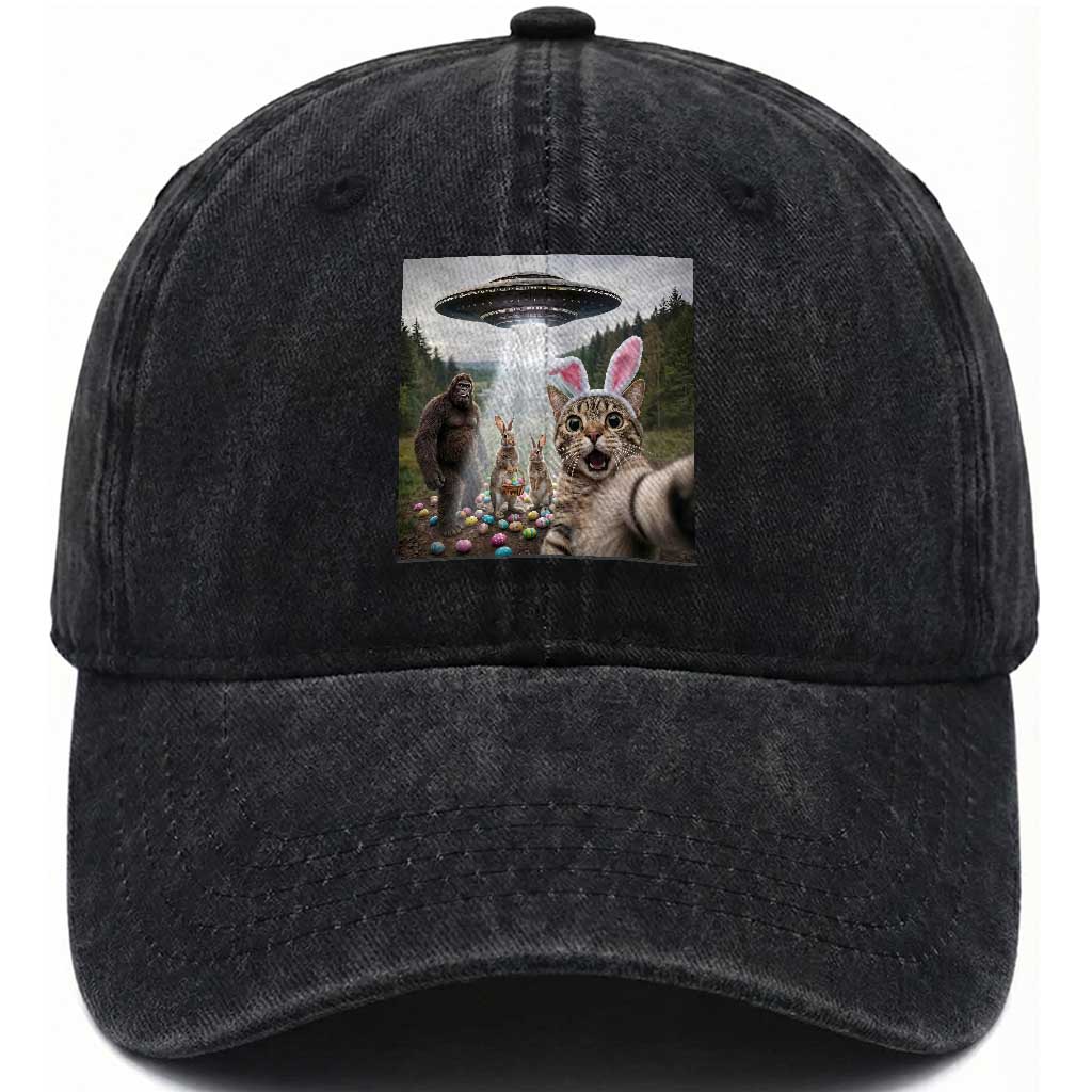 Funny Cat Selfie with Easter Bunny Bigfoot UFO Washed Cotton Baseball Cap