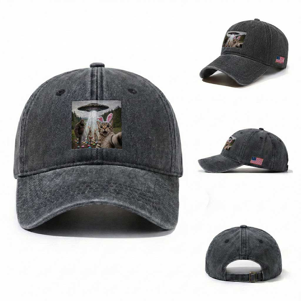 Funny Cat Selfie with Easter Bunny Bigfoot UFO Washed Cotton Baseball Cap