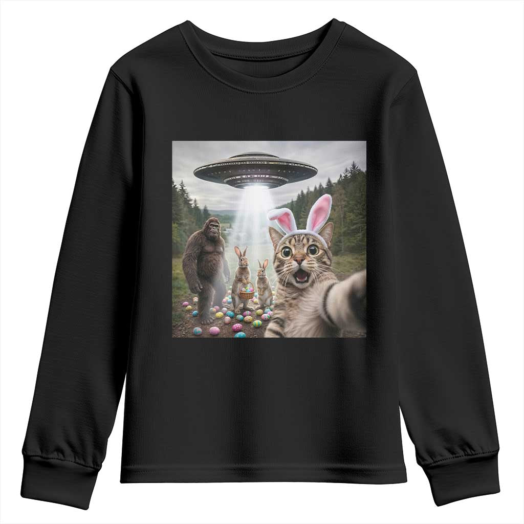 Funny Cat Selfie with Easter Bunny Bigfoot UFO Youth Sweatshirt