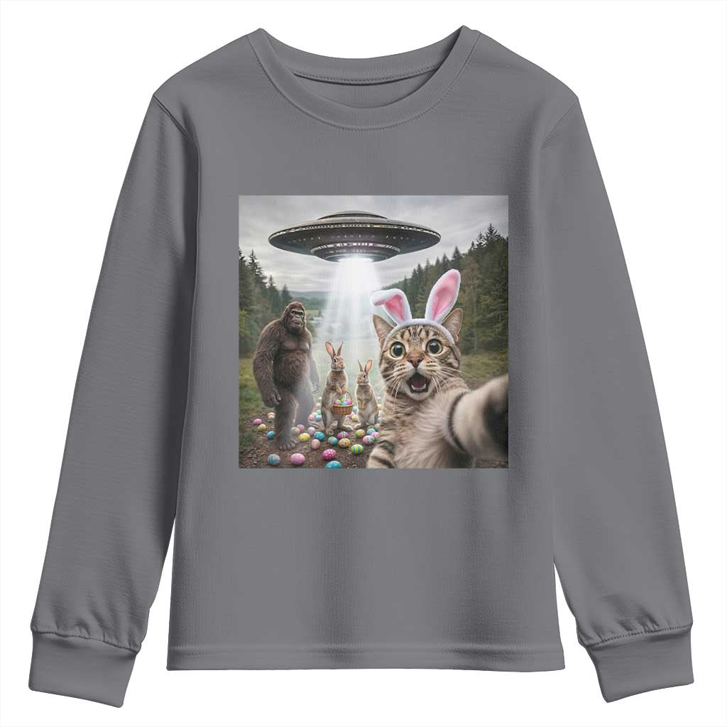 Funny Cat Selfie with Easter Bunny Bigfoot UFO Youth Sweatshirt