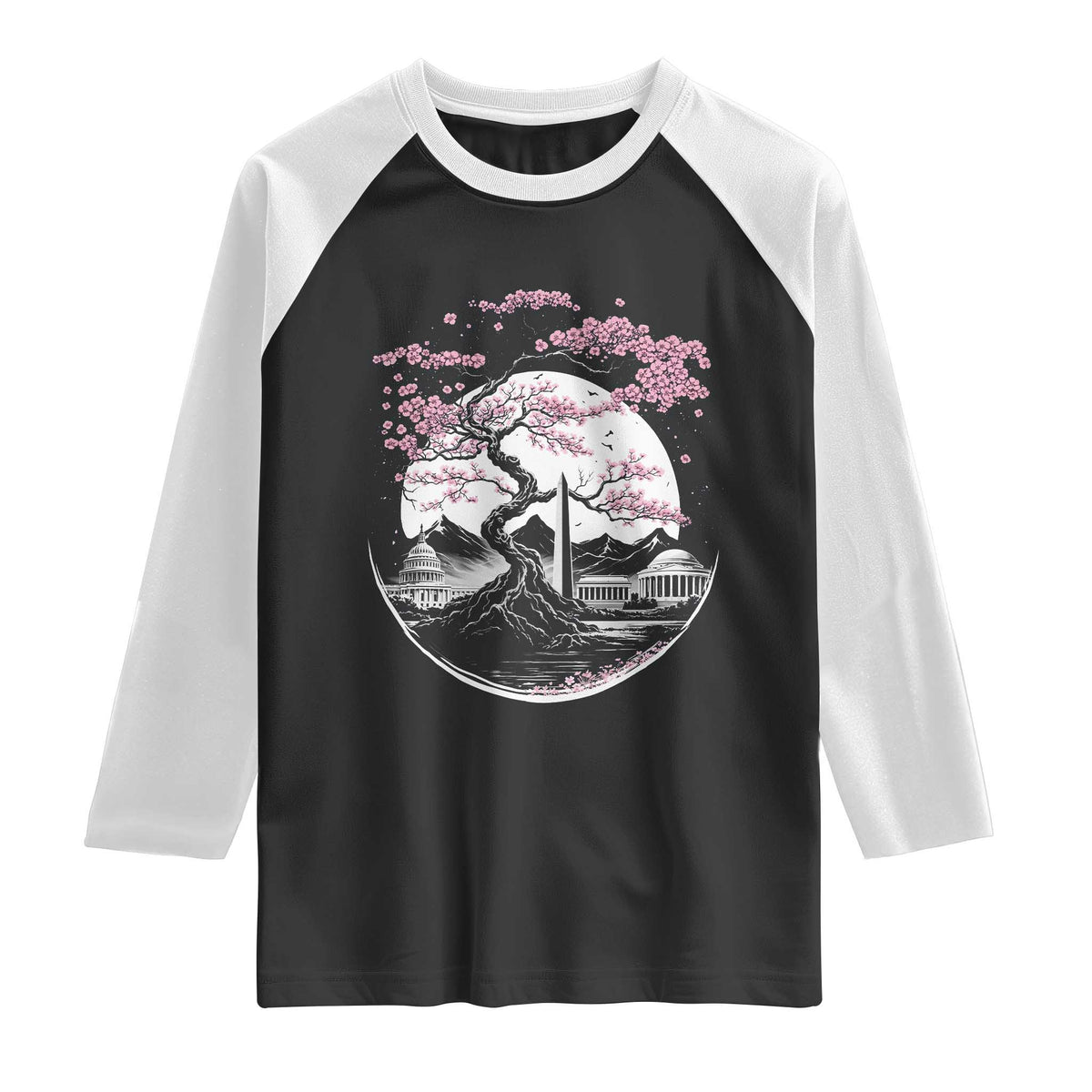 Washington DC Cherry Blossoms Monuments Memorials Japanese Style Raglan Shirt