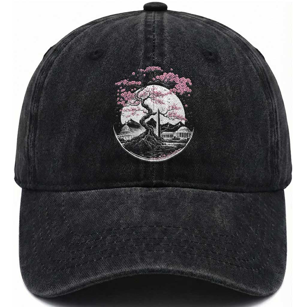Washington DC Cherry Blossoms Monuments Memorials Japanese Style Washed Cotton Baseball Cap