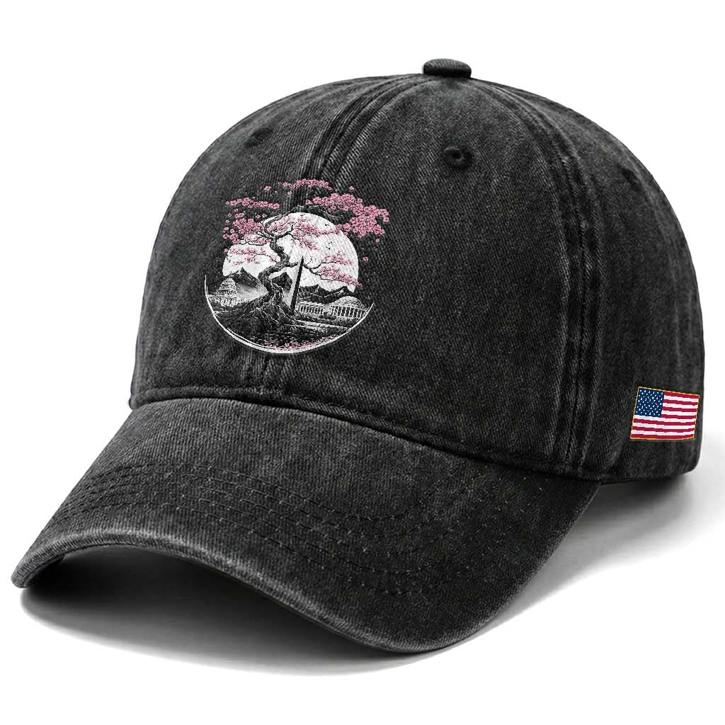 Washington DC Cherry Blossoms Monuments Memorials Japanese Style Washed Cotton Baseball Cap