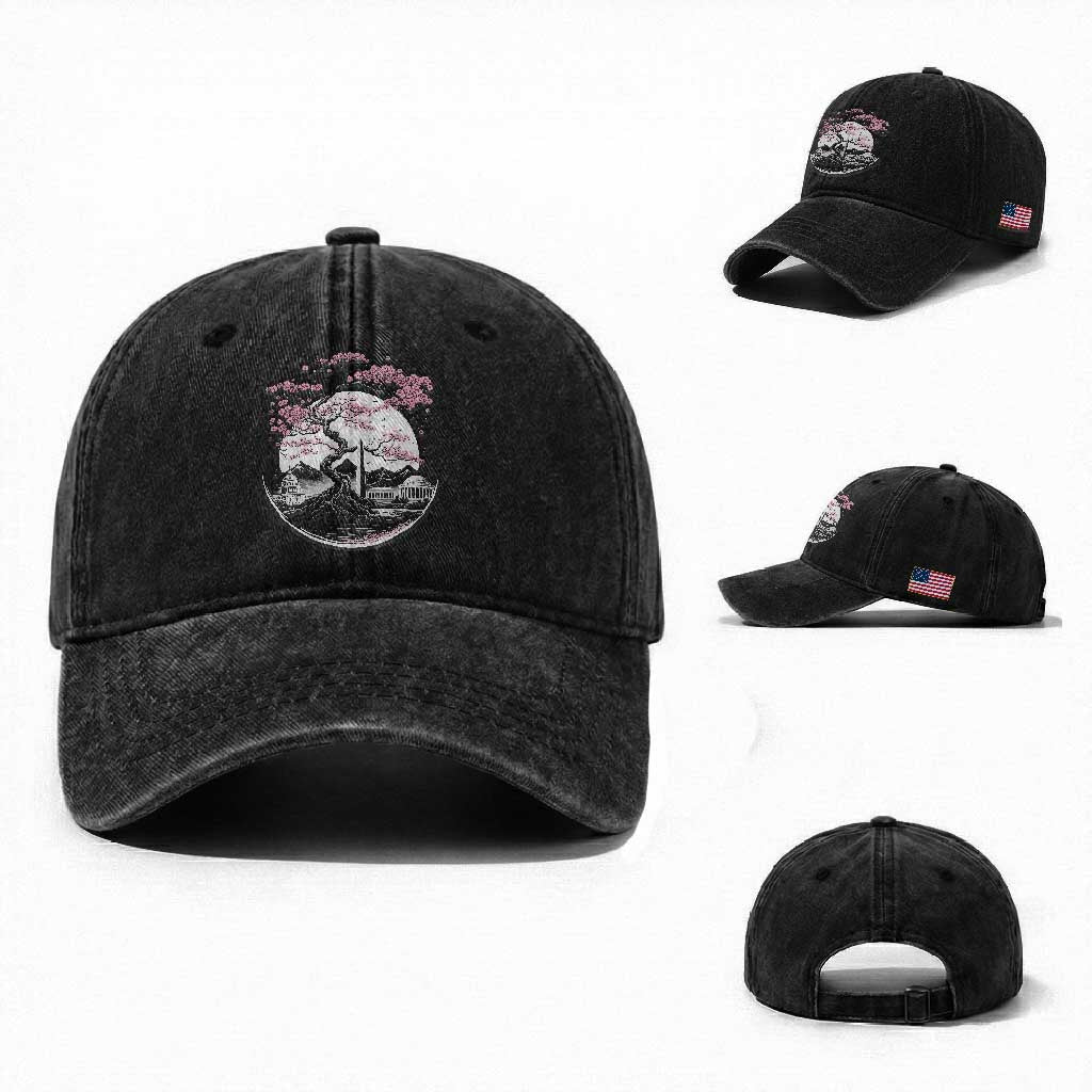 Washington DC Cherry Blossoms Monuments Memorials Japanese Style Washed Cotton Baseball Cap