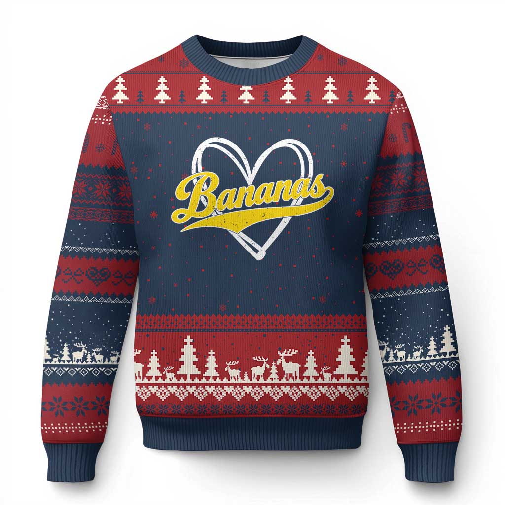 Bananas Vintage Heart Baseball Fan Game Day Ugly Christmas Sweater