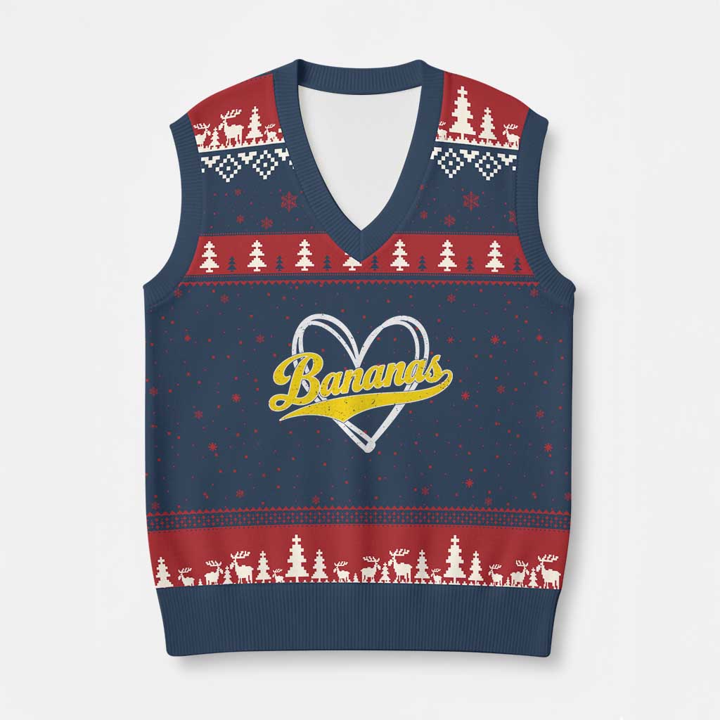 Bananas Vintage Heart Baseball Fan Game Day V-Neck Knit Sweater Vest