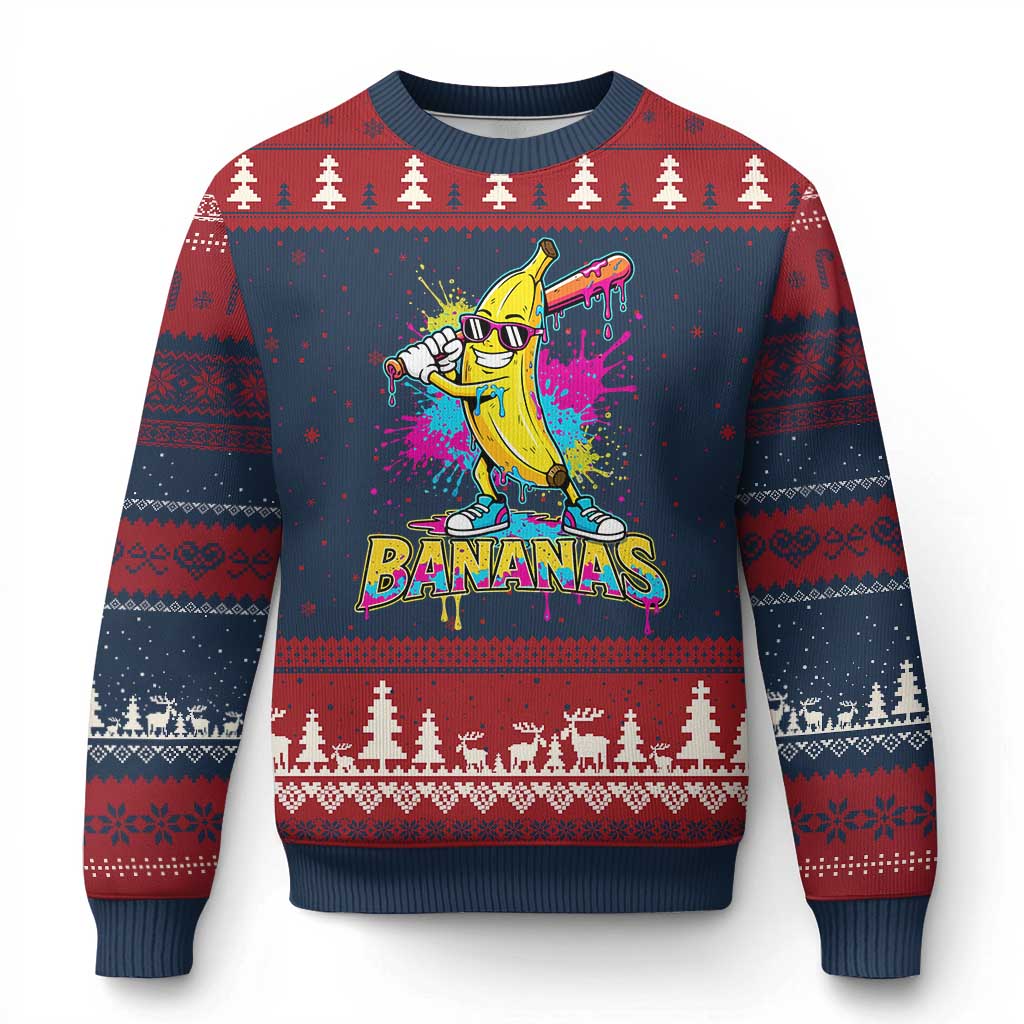 Funny Bananas Baseball Drip Ice Cream Sports Splatter Ugly Christmas Sweater