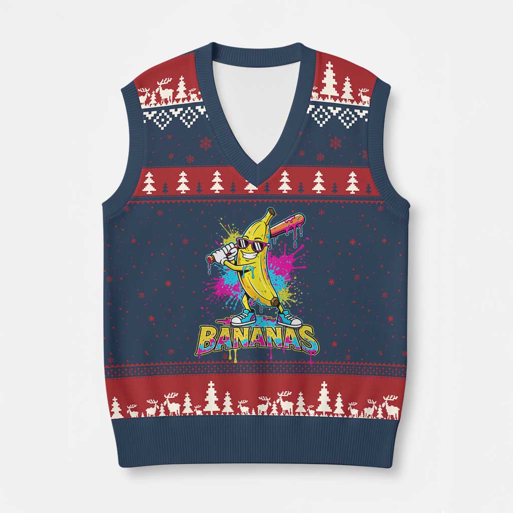 Funny Bananas Baseball Drip Ice Cream Sports Splatter V-Neck Knit Sweater Vest