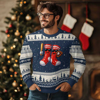 Funny Red Socks Playing Baseball Graphic Sport Game Day Ugly Christmas Sweater