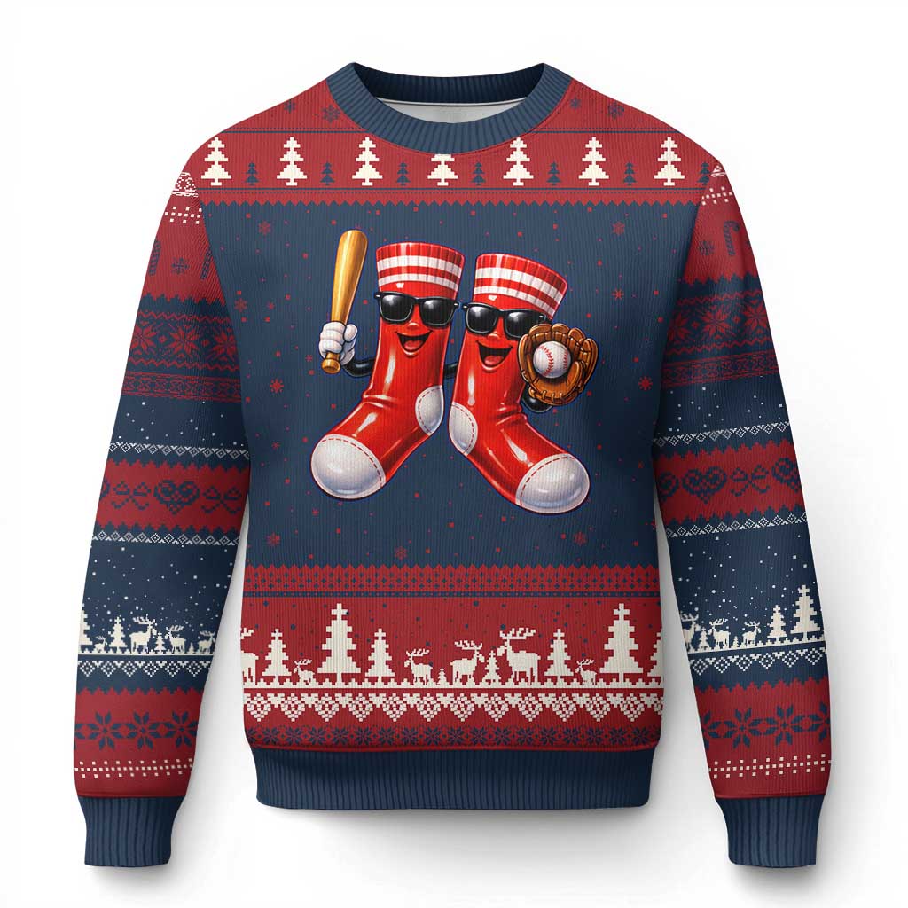 Funny Red Socks Playing Baseball Graphic Sport Game Day Ugly Christmas Sweater