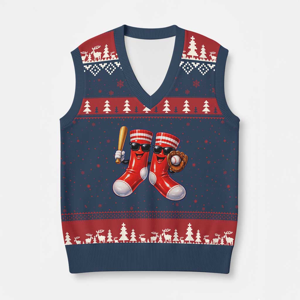 Funny Red Socks Playing Baseball Graphic Sport Game Day V-Neck Knit Sweater Vest