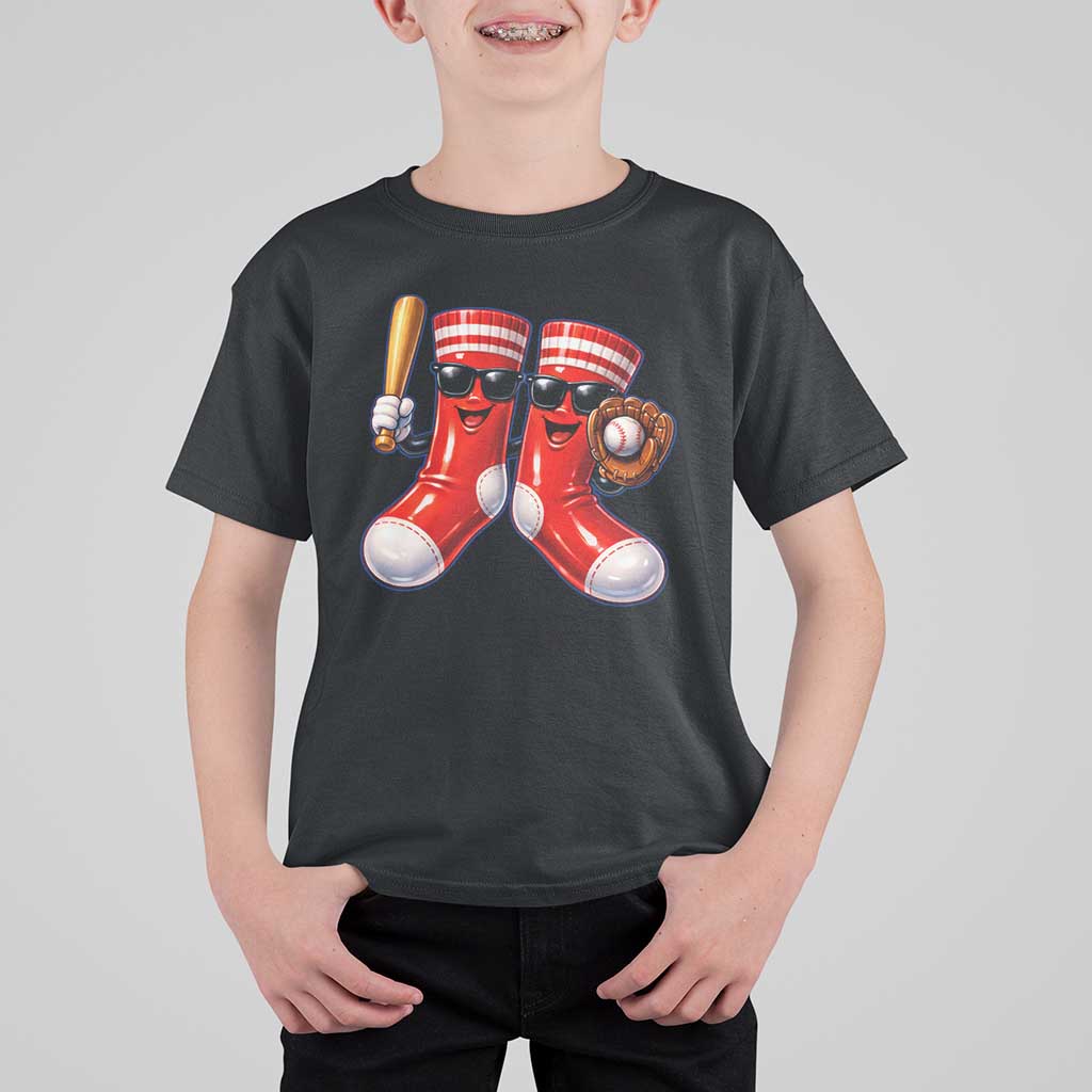 Funny Red Socks Playing Baseball Graphic Sport Game Day T Shirt For Kid