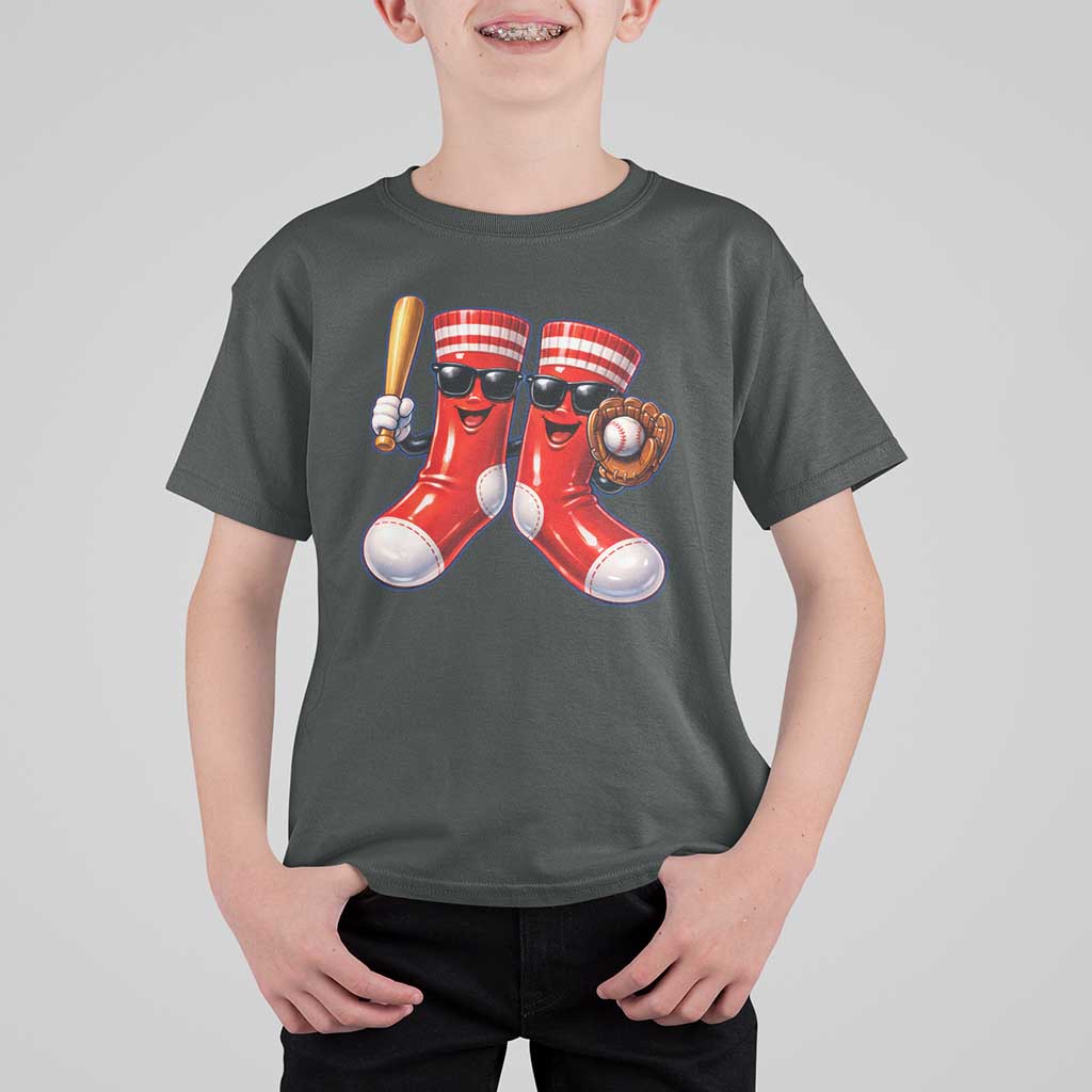 Funny Red Socks Playing Baseball Graphic Sport Game Day T Shirt For Kid