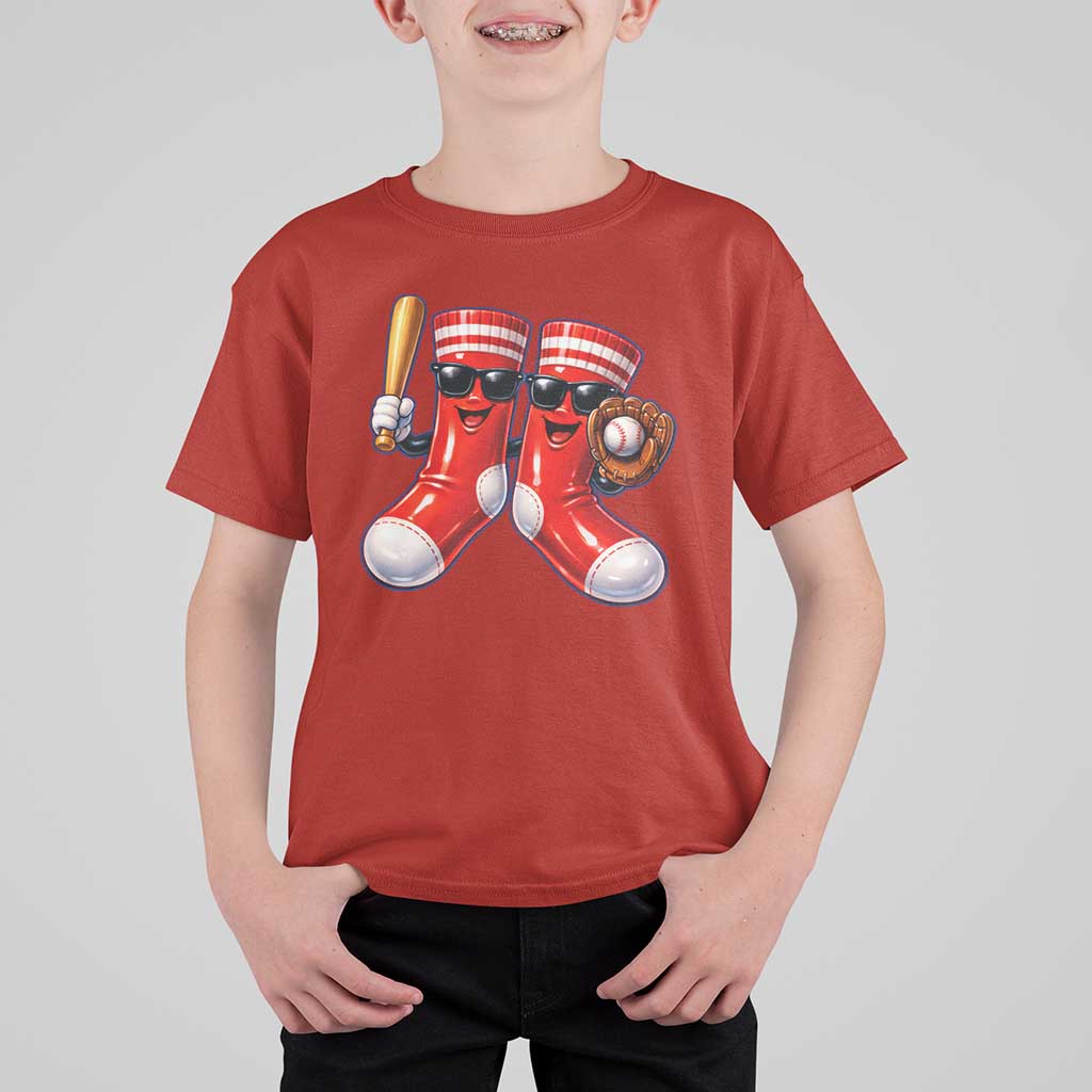 Funny Red Socks Playing Baseball Graphic Sport Game Day T Shirt For Kid