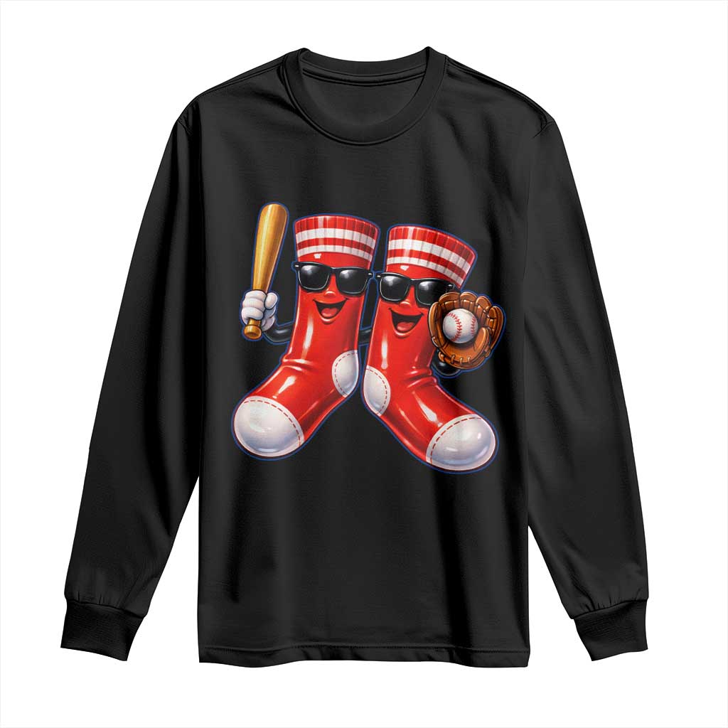Funny Red Socks Playing Baseball Graphic Sport Game Day Long Sleeve Shirt