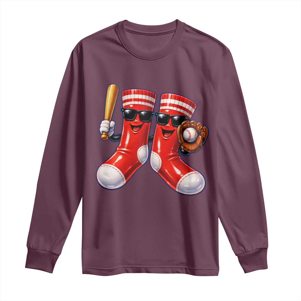 Funny Red Socks Playing Baseball Graphic Sport Game Day Long Sleeve Shirt