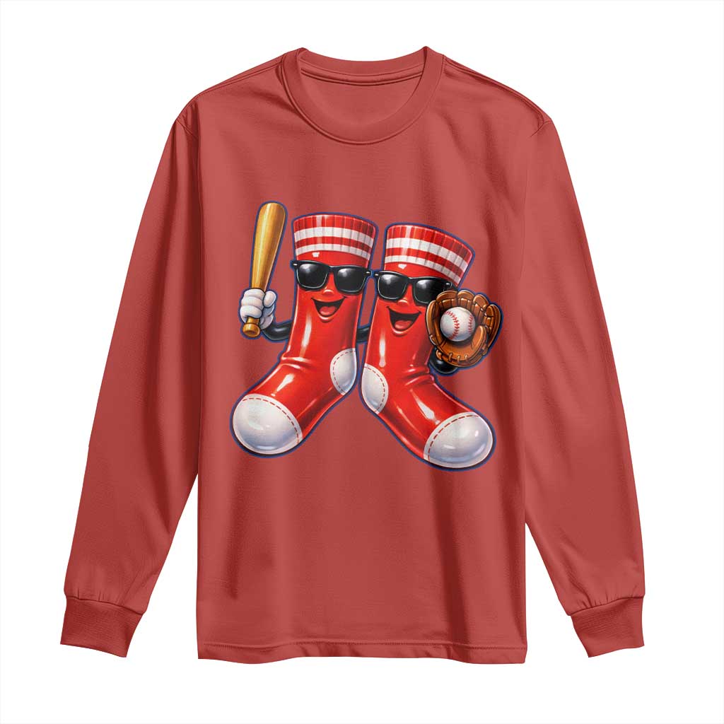 Funny Red Socks Playing Baseball Graphic Sport Game Day Long Sleeve Shirt